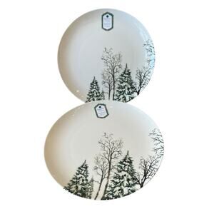 Intesa Home Christmas Pine Tree Dinner Plates 10.5in Green White Set of 2 NEW